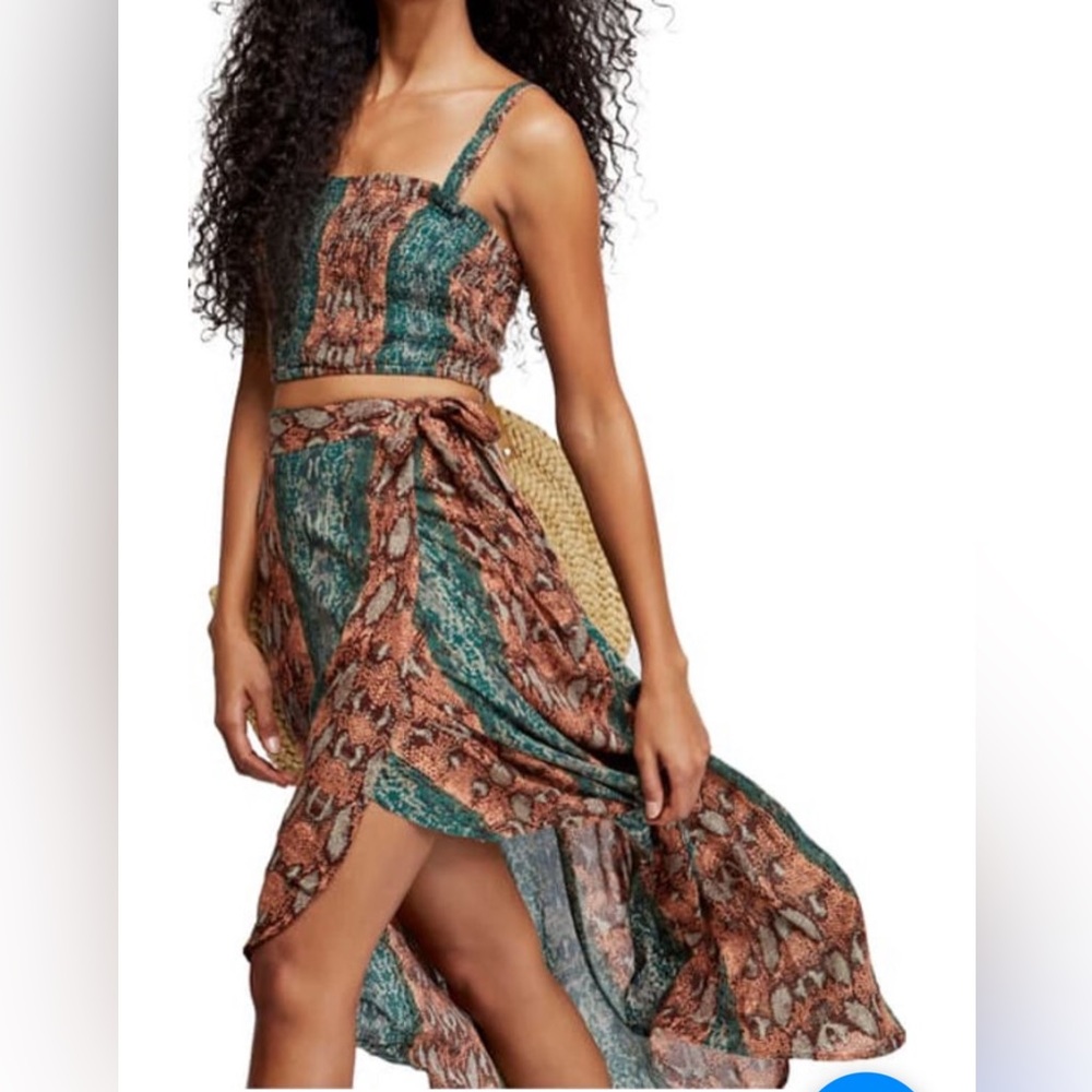 Free People 2 piece green snake print gypsy style wrap skirt and crop top